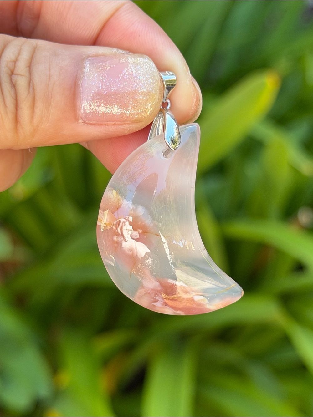 Handmade Pink Crescent Moon Resin Pendant Necklace Palo
